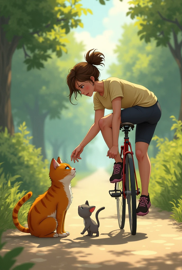 The yellow cat is on the ground, crying with her kitten clutched close. The cyclist is getting up, looking concerned and reaching out to help.