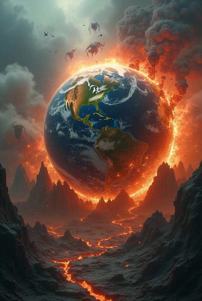 The earth dripping and half exploding, in the background screaming demons breaking the world with cracks