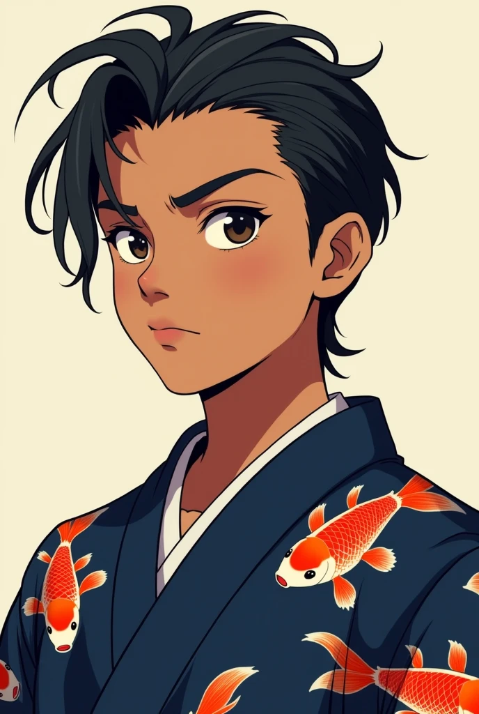 Male character r with brown skin, wearing dark blue kimono with goldfish print, de cabelo slickback, dark brown eyes, anime styling