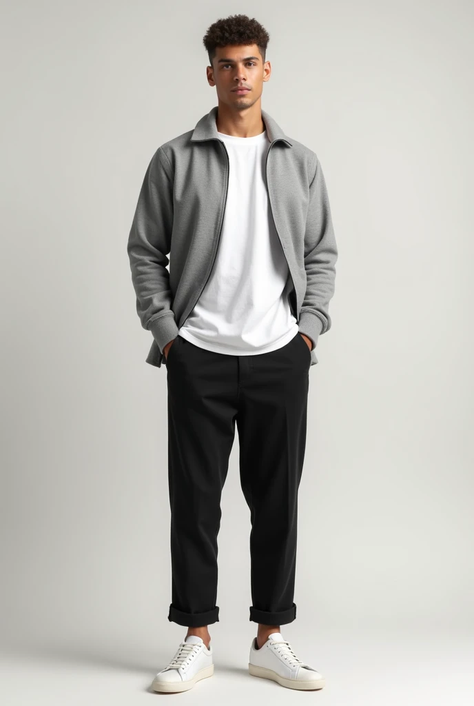 A man with white crew tshirt overlayer with grey quater zip sweatshirt with black linen trouser with white shoes