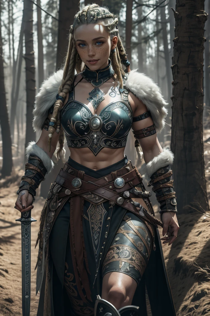 (best quality,4k,8k,highres,masterpiece:1.2),ultra-detailed, 1woman, Irish goddess Brigid, Auburn hair, Iron armor over druid robes, forging a sword, determined eyes, drawn in the style of Yoshitaka Amano, sks woman, HDR, 8k, absurdres, cinestill 800, sharp focus, add_detail:2,solo Female viking, (young:1.2), (muscular:1.2), fit, wearing brown furs and hides, (wearing furs:1.3) (blue norse tattoos:1.2), blue eyes, platinum blonde hair, (Dreadlocks:1.7), (Dreads:1.4), (Sideshave:1.6), warrior hair, Setting is a Scandinavian forest in winter, snow, bare arms, exposed naval, (abs:1.2). Highly detailed, norse, berserker, arm muscles, leg muscles, (bulky:1.2), leather straps, (large breasts:1.3), waist up, wide waist, stocky, (tall:1.4),(masterpiece:1.1), (best quality:1.1), (ornate:1.1), (monochrome:1.3), (black and white:1.3), BREAK, (horror:1.0), (esoteric:1.1), (watercolor:1.0), BREAK, (solo:1.4), (dynamic angle:1.0), (cowboy shot:1.0), (woman:1.1), (white tunic:1.0), (armor:1.2), (shoulder armor:1.1), (gauntlets:1.0), (large breasts:1.0),Elsa ( frozen ) with tattoos, Photorealistic,Photo of elsa as a girl characterized by her striking Platinum blonde hair, blue eyes, intricately adorned with a frozen collection of tattoos that reflect her connection to the raw and powerful world of metalcore. Explore her distinct fashion choices and how her tattoos contribute to her overall rebellious and fearless aura. Dive deep into the details to bring this edgy, metalcore-inspired character to life, she is wearing green skirt and green crop top