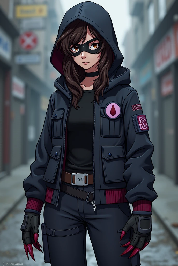 1 girl. estilo DC panel Young Justice. dark brown hair, Wavy and shaggy is a shaggy mullet style below the shoulders, tired brown eyes with dark circles, almost pale white complexion,1.65 m, slim and agile build. security guard clothing, black muscle shirt, Black oversized military pants and a comfortable colored jacket with violet details, The emblem on the chest is a lunar symbol with a drop of blood in the center., representing his gift The black hooded cloak has a dark red trim, The boots and gloves have dark red details, and the nails on the gloves look like sharp claws. The black mask has night vision lenses that appear to be like wolf eyes., on the belt, He carries tools and weapons that appear to be like medical instruments.. The entire costume seems to be like an extension of his gift.