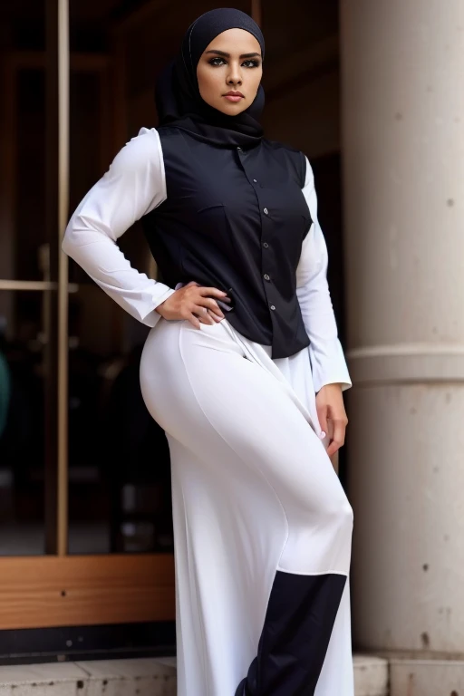 Photorealistic, high resolution, 1 malay woman in hijab, Solo, Hips up, Gaza background，view the viewer, (Detailed face), White hijab, SWAT vests, sniper rifle handle, Black military uniform, bulletproof vest, Holding an assault rifle, M16, Inside the city of Palestine, Very detailed, Perfect face, Black eye, jewelry, (full body view), Lifelike, masterpiece