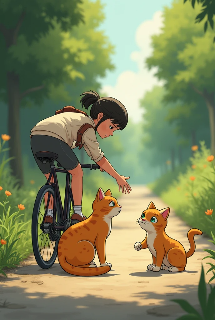 The yellow cat is on the ground, crying with her kitten clutched close. The cyclist is getting up, looking concerned and reaching out to help.
