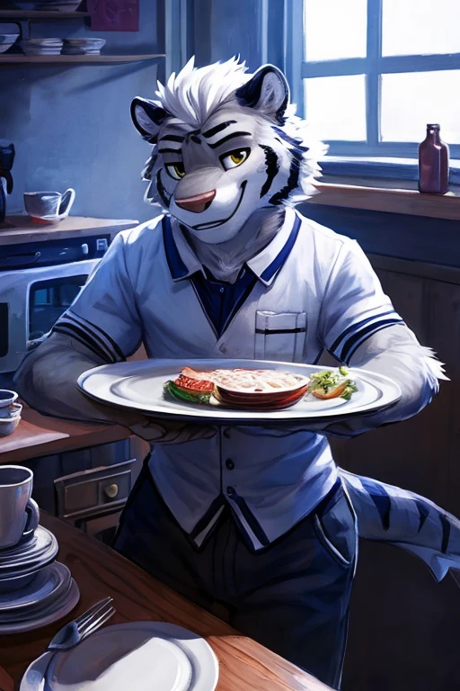 (((inside of a small Cafe standing behind the table with the POV of you sitting at the table looking at the waiter  ,the waiter is a light gray tiger shark with white hair male standing up with big muscle, An artwork,wearing waitress waiter clothing, clothing))), big chest wearing clothing , day, , sensual, detailed, uploaded to e621, beautiful and detailed portrait of an anthropomorphic , (((male))) uploaded to e621, zaush, foxovh, movie lighting, thicc, alone, movie cover, detailed, 8k res, hires, detailed eyes, good anatomy, good perspective, towards viewer, by bebebebebe, by sicklyhypnos, by gerkk, by orf, nice hands, perfect hands, happy, romantic, ray tracing lighting, rtx on