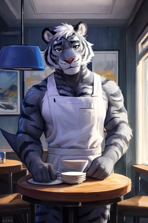 (((inside of a small Cafe standing behind the table with the POV of you sitting at the table looking at the waiter  ,the waiter is a light gray tiger shark with white hair male standing up with big muscle, An artwork,wearing waitress waiter clothing, clothing))), big chest wearing clothing , day, , sensual, detailed, uploaded to e621, beautiful and detailed portrait of an anthropomorphic , (((male))) uploaded to e621, zaush, foxovh, movie lighting, thicc, alone, movie cover, detailed, 8k res, hires, detailed eyes, good anatomy, good perspective, towards viewer, by bebebebebe, by sicklyhypnos, by gerkk, by orf, nice hands, perfect hands, happy, romantic, ray tracing lighting, rtx on