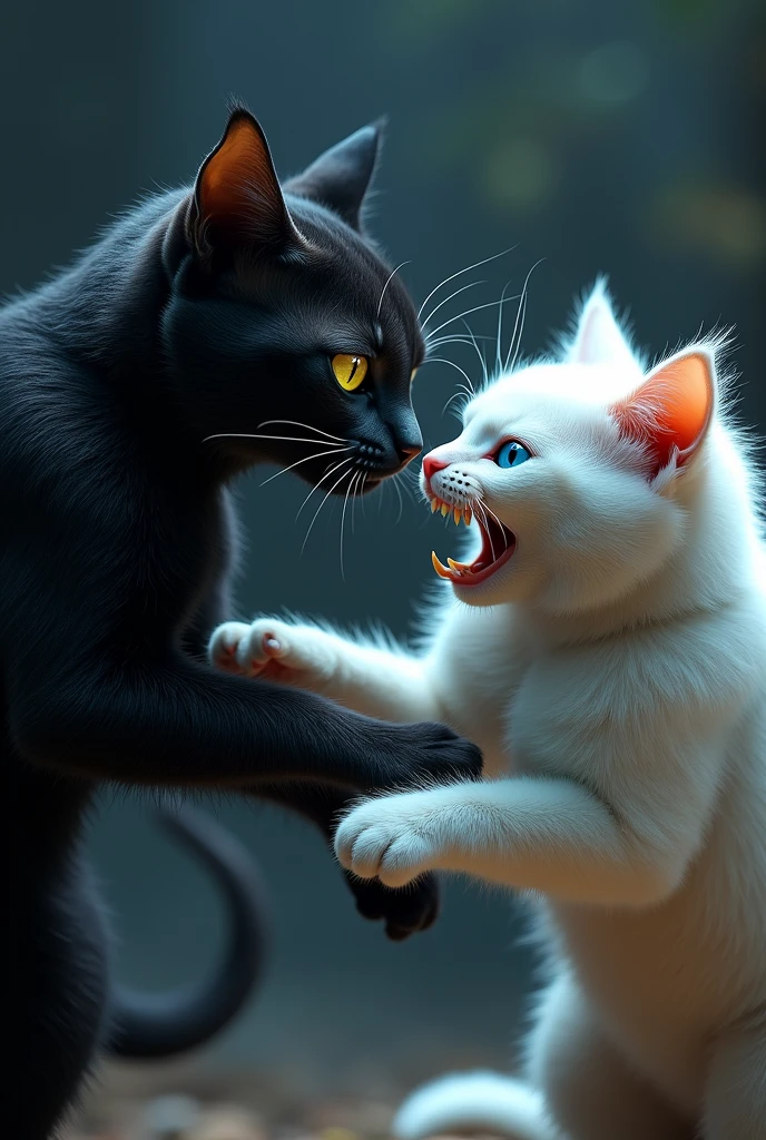Black cat fighting with a white cat