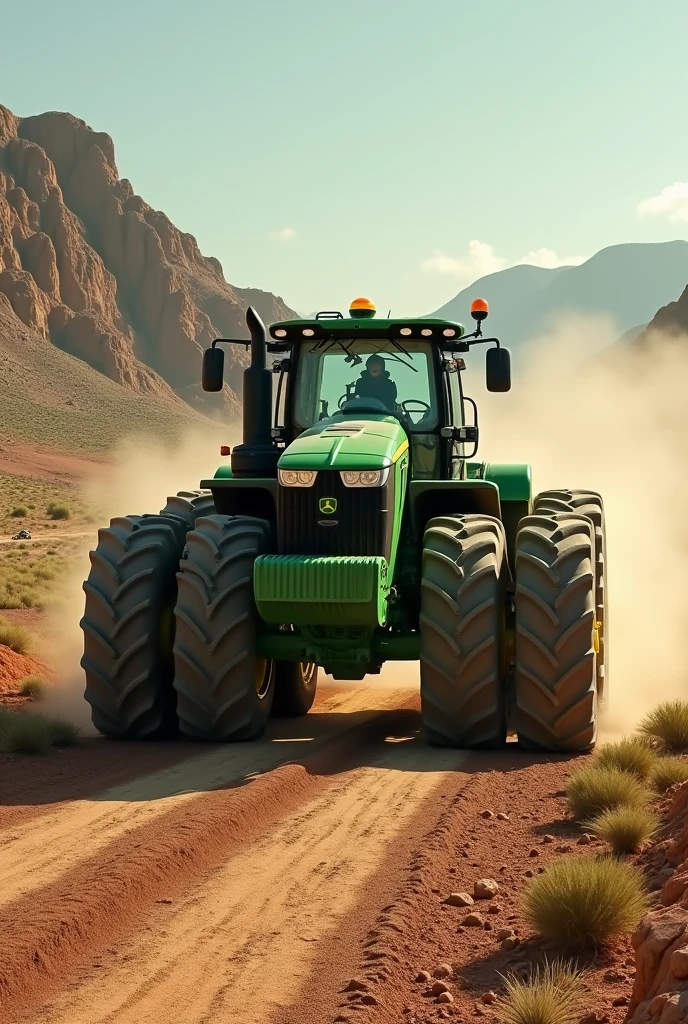 image of a giant green tractor arriving in the backlands