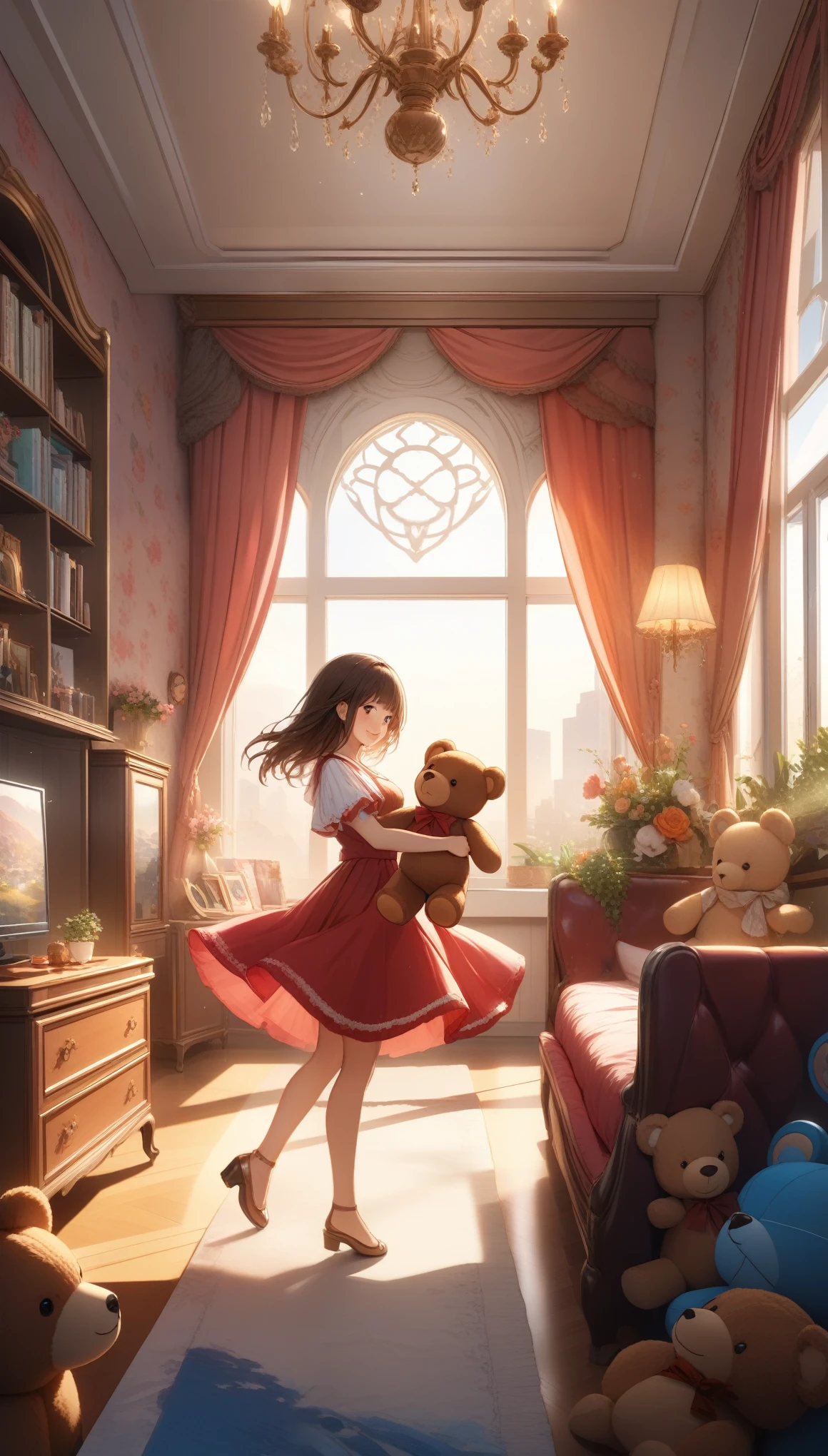 One girl, Dancing with a teddy bear, Cute teddy bear, Lots of teddy bears,  Moving happily, Cute room, ((32K)), ((best quality)), ((ultra high res)), ((HDR)), ((uhd)), ((extremely detailed CG)), ((unity 32K wallpaper)), (((illustration))), 