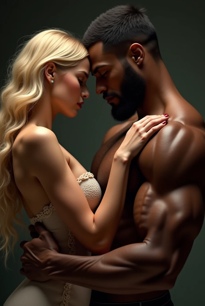 A blonde and tiny , small, stroking the biceps of a big muscular black man, with hairy armpits, flexing his biceps
