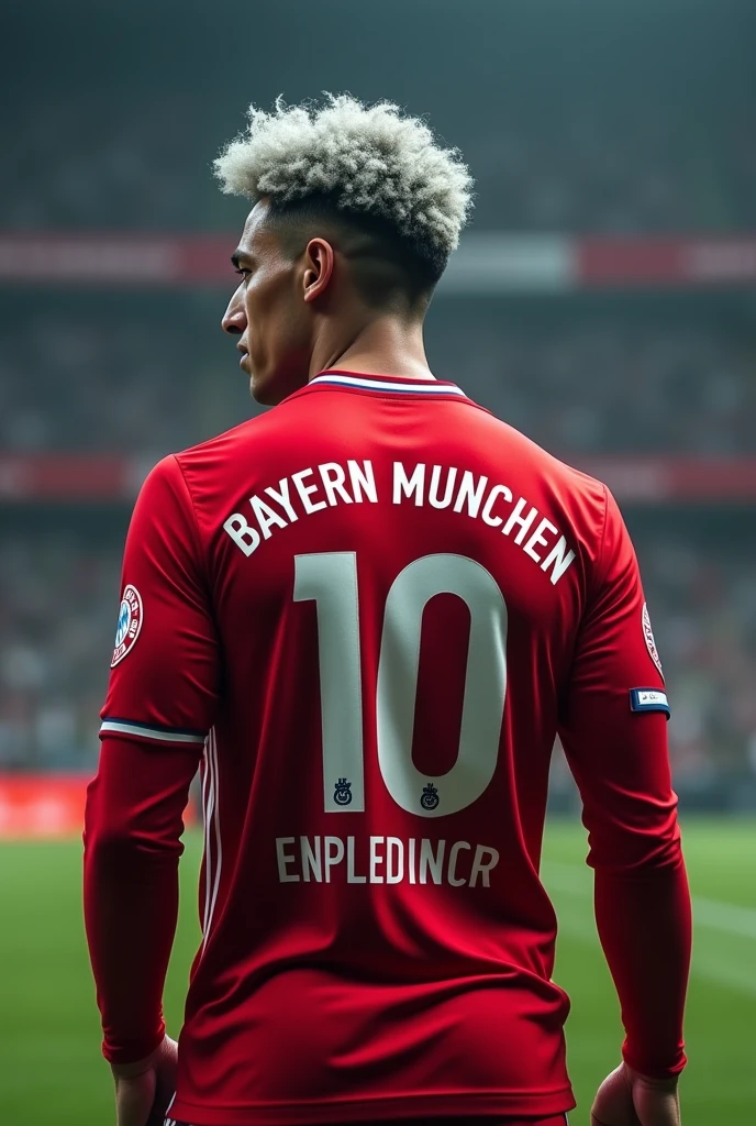 Bayern Munich player who wears number 10 and is called Cristaldo who wears long sleeves and has short curly silver hair seen from behind 