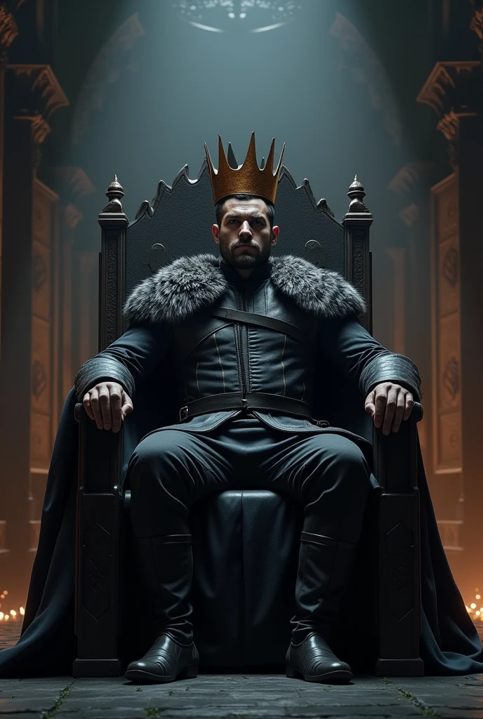 A strong 30 year old man, brawny, Jhon snow style, sitting on a throne in a dark hall, with a wooden crown