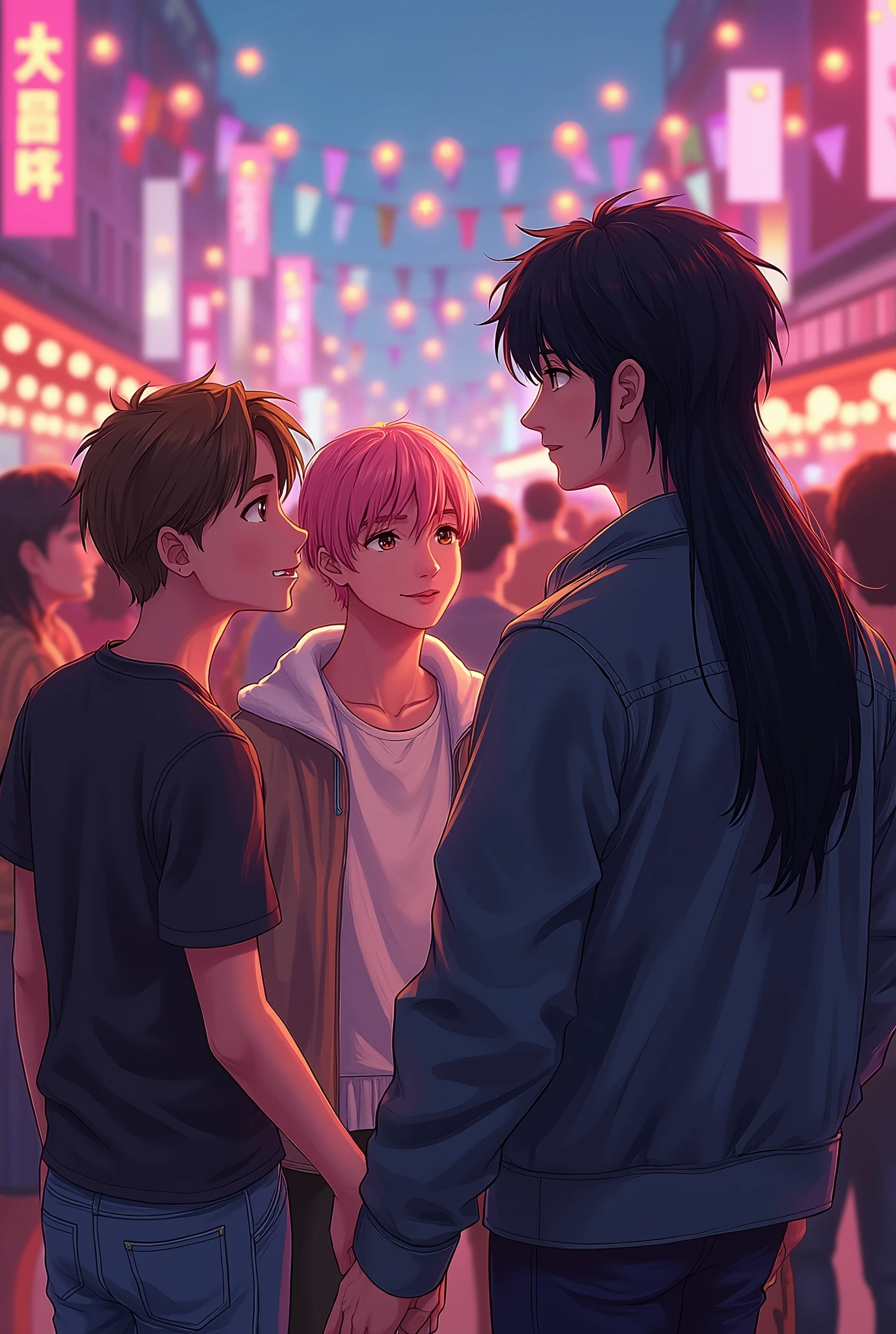 at the party, the brown haired boy, conversation, the boy with blond hair, Cao Cao, together with her boyfriend, 190 tall, long black black hair, brawny, broad-shouldered. kim who has the same features, ours, a Korean, pink hair, stylish, e fa do bts, everyone was having fun
