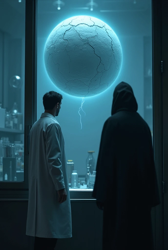 A scientist with his back turned looking at a glass window where there is a cracked grey round ball floating and emanating blue energies and a mysterious hooded figure can be seen watching the scientist from the side of the wall where the glass window is.