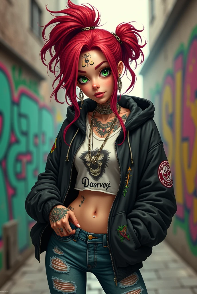 A cool and trendy girl, red hair, green eyes, wearing trendy hip hop clothing, wearing a hoodie, graphic t-shirt and torn jeans, tons of tattoos and piercings, graffiti style background