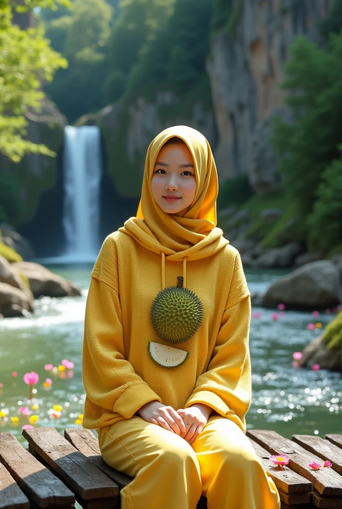 Beautiful Korean girl, smooth white skin, well-groomed face, yellow hijab, yellow knit hoodie with durian fruit motif, yellow cargo pants, sitting on a wooden bridge, there is a river covered with small flowers of various colors, there are small stones, the water is very clear, the view is exotic, the background is mountains, there is a waterfall, the cliffs are overgrown 
Green moss and shady trees look authentic, real and realistic in photos