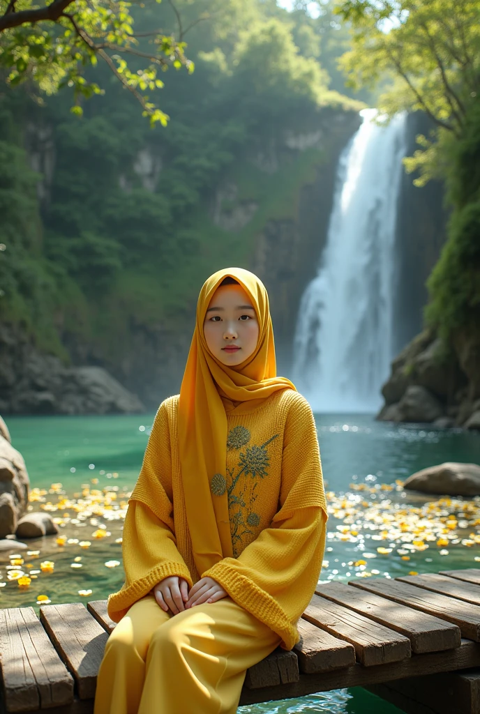 Beautiful Korean girl, smooth white skin, well-groomed face, yellow hijab, yellow knit hoodie with durian fruit motif, yellow cargo pants, sitting on a wooden bridge, there is a river covered with small flowers of various colors, there are small stones, the water is very clear, the view is exotic, the background is mountains, there is a waterfall, the cliffs are overgrown
Green moss and shady trees look authentic, real and realistic in photos