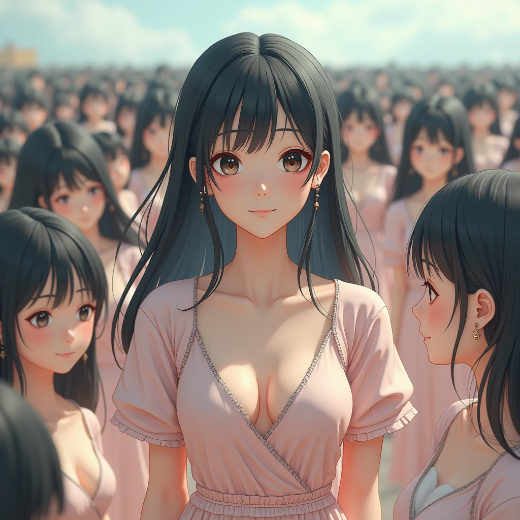 (((((Japanese Clone girls=Myself)))))), (((Best Super High quality Myself Clone girls Raw Photography Art))), (16K, Highest quality, Ultra-high resolution, RAW Photos), (((It's so unrealistic., With unparalleled depiction, With an unfathomable sight, An unprecedented and shocking worldview, Clone girls in a world of mass reproduction, Ultra-realistic))), (((Japanese, woman, 20yo, Saito-Asuka))), (Small face, ((Thick black hair, Semi-long hair))), ((V-neck short-sleeve dress)), (((((Very detailed美しい女体, Accurate body structure, Very detailed完璧な, Super busty body with very large breasts, Clearly emphasizes cleavage))))), (((Dark Eyes, Mature face, Cute Smile, A gentle gaze))), (((Her happy and smiling expression is so cute))), ((((((((Very detailed分身増殖描写, ((1girl→Myself cloning→1,000,000,000,000,000,000,000,000,000,000,000,000,000,000,000,000,000,000,000,000Myself Clone girls)))))))))), ((((((((Very detailed, The precise depiction of the proliferation of Myself Clone girls, ((With the perfectly identical bodies of Myself clone girls, With the exact same face as the Myself clone girls, With the exact same hairstyle as the Myself clone girls, In the exact same clothes as the girls who are my clones, Perfectly the same height as the Myself clone girls, Super big breasts, just like the Myself clone girls)))))))))), (((Myself clone girls only))), (((Very detailed depiction, (A group of Myself clone girls hugging each other, A large gathering of Myself clone girls, Fun conversations among crowds of Myself clone girls, A fun conversation among a crowd of Myself clone girls, Myself clone girls flirting with each other, Multiple Myself clone girls walking together in a crowd, turn around, The approaching crowd of Myself)))), (((Everyone looks at the camera))), (((Unbelievably crowded, Transcendent Myself clone girls intimately, Countless Myself clone girls surround you in 360 degrees))), (Bright, soft sunlight), (((Very wide field of view, Very detailed, Detailed ultra-perspective depiction with clear depth, super wide view))), (((((A place where multiple Myself armies join together))))), (((Very photographic and detailed depiction, Myself clone girls will multiply infinitely and fill the surroundings from one side to the horizon with their bodies tightly packed together without any gaps., A scene of endless Myself clone girls, giving a happy vibe.))), (Focus on the average value of the image)