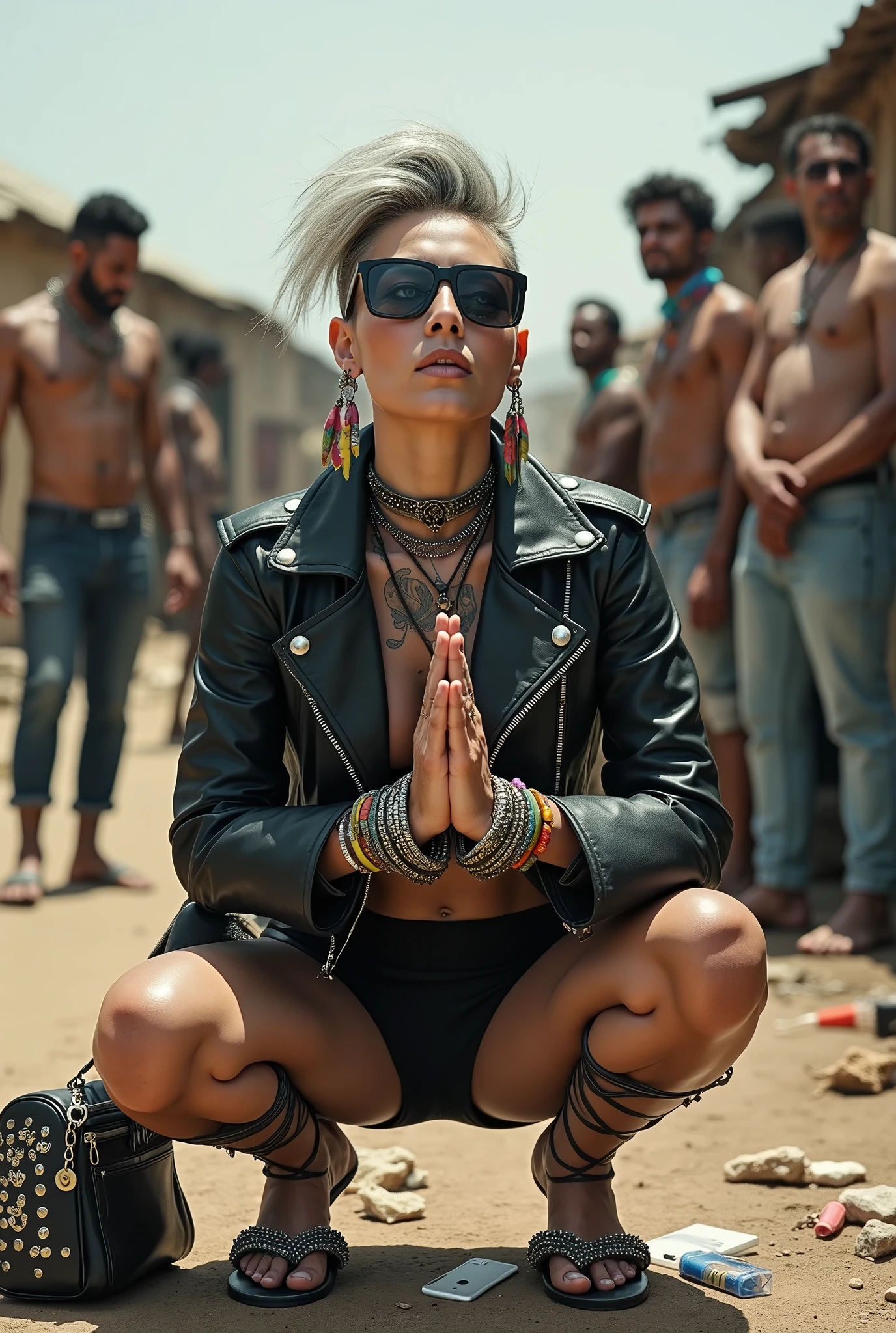 russian milf woman, grey hair (pouf, and top bun and shaved sides) and oversized square maxi sunglasses as headband, with very light blue eyes, extremely pale. Wearing tight aged black cropped moto jacket with lots of zippers and pins; black bikini, flip flops . Dirty knees and dusty hands. Lots of metallic bracelets, lots of boho pendants and lots of colourful beads collars. Long boho earrings with colourful feathers. Squatting like in a payer, looking up, chin up, stretching her neck , humble facial expression. Hands on her knees, showing off bracelets and rings. studded black leather tote bag with chains on the floor, next to her..  Listening chin up  in amazement to somebody speaking to her from above, well toned abdominals, thin neck, slim legs and thin arms.  Cleavage, belly, neck, tigh and hands comoletely covered with tattoos.  Dirt street in Kenian village full of waste. A lot of tanned shirtless fat men in jeans around looking at her. next to her, all her belongings scattered on the floor: makeup kit, little makeup mirror, studded black leather tote bag, lipstick, wallet, moble etc on the floor