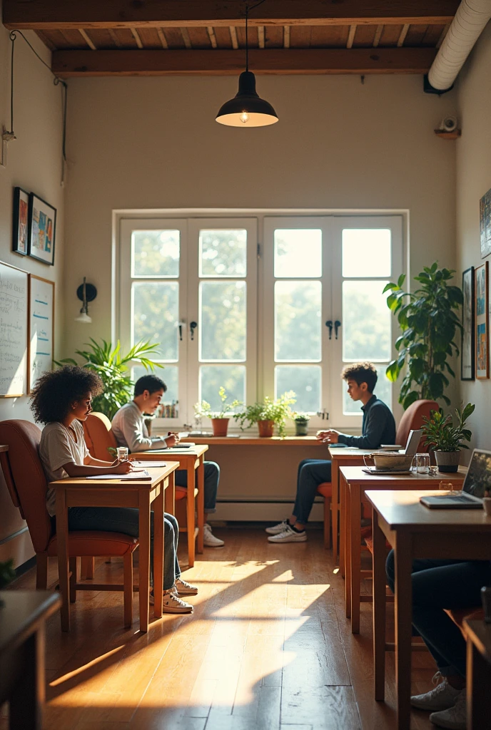 Room with tables and reclining chairs for three students. And spaces to work on each intelligence

