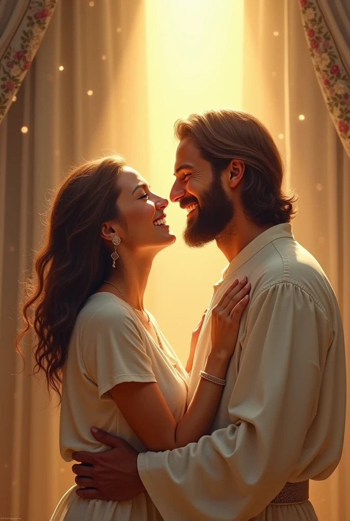 A husband and wife, deeply in love, share a joyful moment together as they watch Jesus. Their happiness is reflected in their smiles, and Jesus, in turn, smiles back at them.