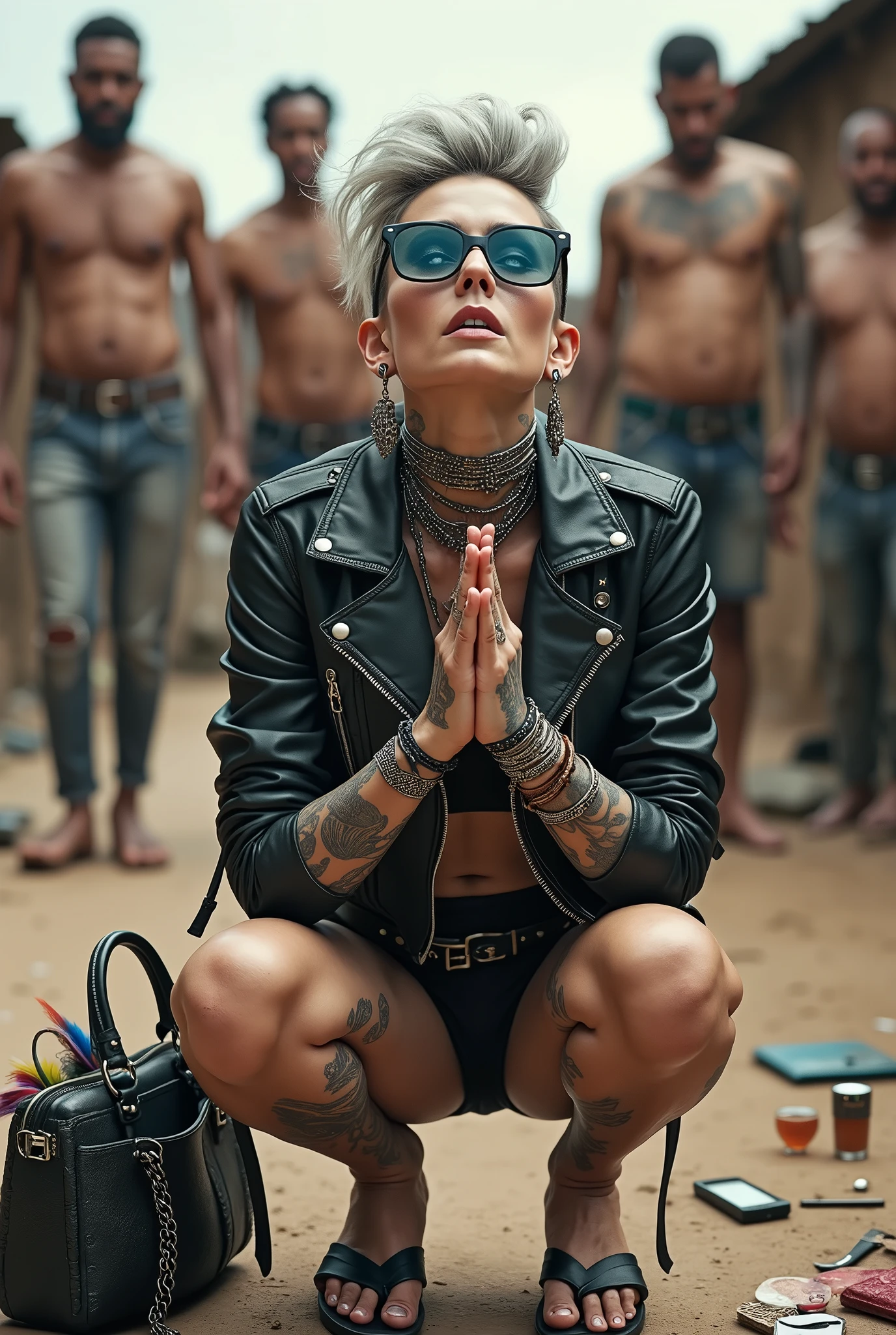 russian milf woman, grey hair (pouf, and top bun and shaved sides) and oversized square maxi sunglasses as headband, with very light blue eyes, extremely pale. Wearing tight aged black cropped moto jacket with lots of zippers and pins; black bikini, flip flops . Dirty knees and dusty hands. Lots of metallic bracelets, lots of boho pendants and lots of colourful beads collars. Long boho earrings with colourful feathers. Squatting like in a payer, looking up, chin up, stretching her neck , humble facial expression. Hands on her knees, showing off bracelets and rings. studded black leather tote bag with chains on the floor, next to her.. Listening chin up in amazement to somebody speaking to her from above, well toned abdominals, thin neck, slim legs and thin arms. Cleavage, belly, neck, tigh and hands comoletely covered with tattoos. Dirt street in Kenian village full of waste. A lot of tanned shirtless fat men in jeans around looking at her. next to her, all her belongings scattered on the floor: makeup kit, little makeup mirror, studded black leather tote bag, lipstick, wallet, moble etc on the floor