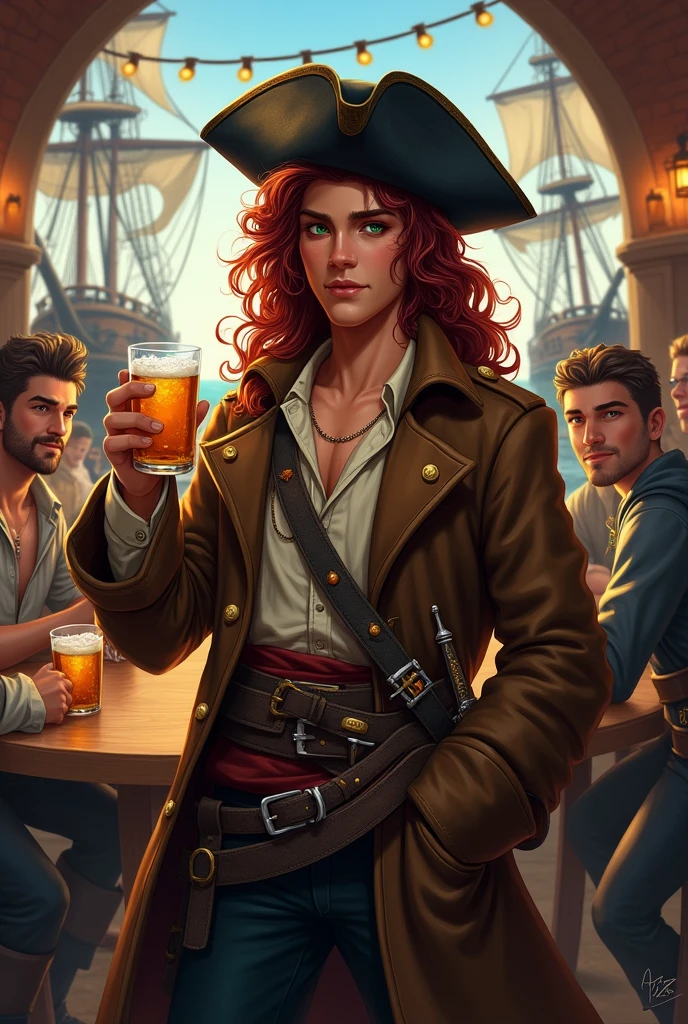 A young pirate, full body DnD style. A young pirate, with long, curly dark red hair, and dark green eyes. He wears a brown pirate trench coat with a light unbuttoned shirt and a damaged vest., on his head an old damaged black leather hat. Around his waist he wears a sash with a belt and two pirate cutlasses on top.. He is having fun drinking with a cheerful look together with other young sailors in the pub while in the background there are various ships of a pirate port.