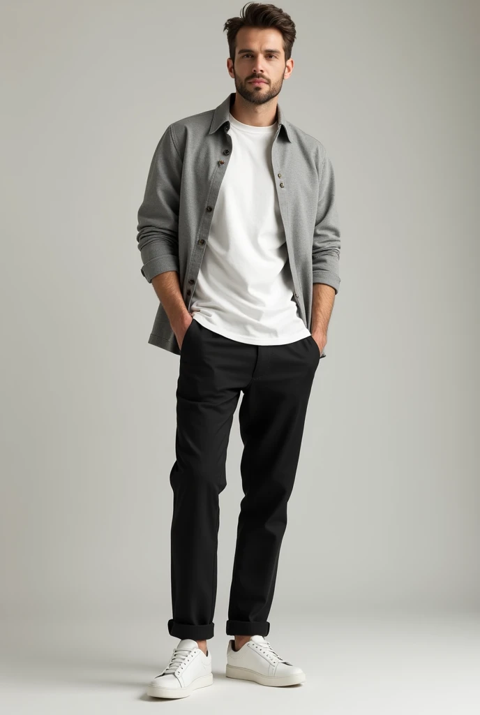 A man with white crew tshirt overlayer with grey quater zip t shirt with black linen trouser with white shoes