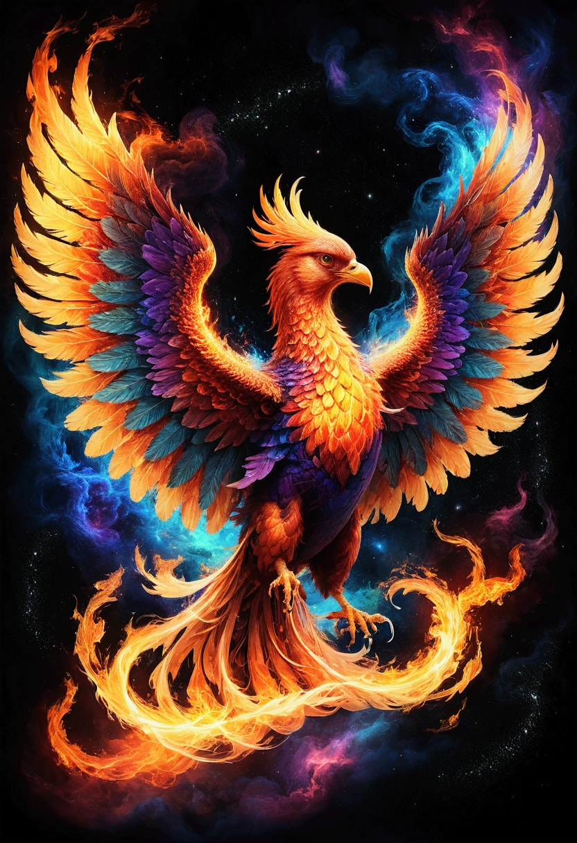 Phoenix, A Phoenix engulfed in cosmic energy floating in space with wings made of multicoloured fire, Epic cinematic brilliant stunning intricate meticulously detailed dramatic atmospheric maximalist digital matte painting, masterpiece, best quality, very aesthetic, absurdres