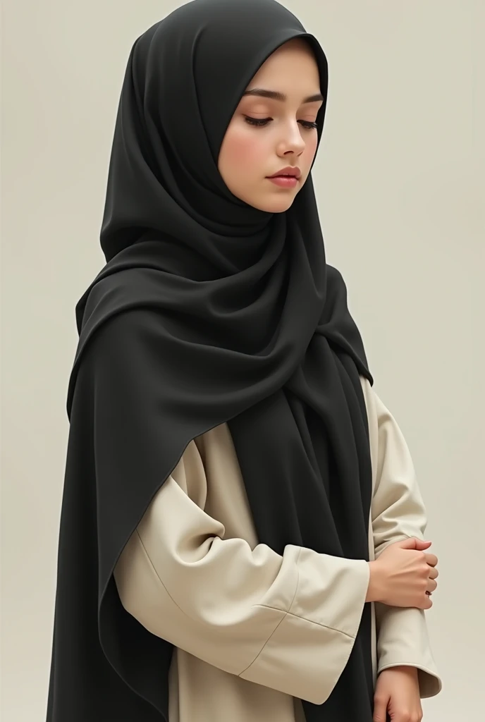 A girl wearing black hijab with cream longsleve