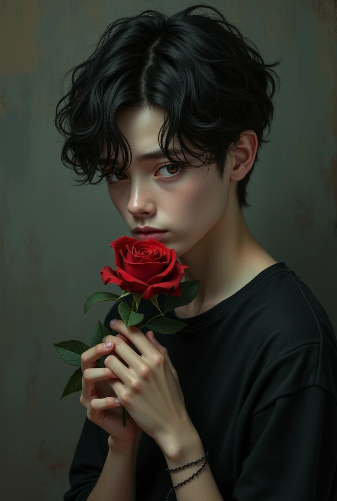 (1 boy:1.8),flower, (photography: 1.6), (masterpiece 1.2), (32k: 1.8), (many roses:1.8), looking at viewer, makeup, red lips, long hair, red flower, petals, (red rose: 1.0), brown Eyes, lips, collarbone, lipstick, there is a red spot on the face, (covered by roses: 1.2), lying on the ground, upper body,(wear black shirt:1.2),Cinematic quality,(There are red spots on the face, covered by roses:1.8),dim light,(melancholy style:1.8),(deep and dark environment:2)