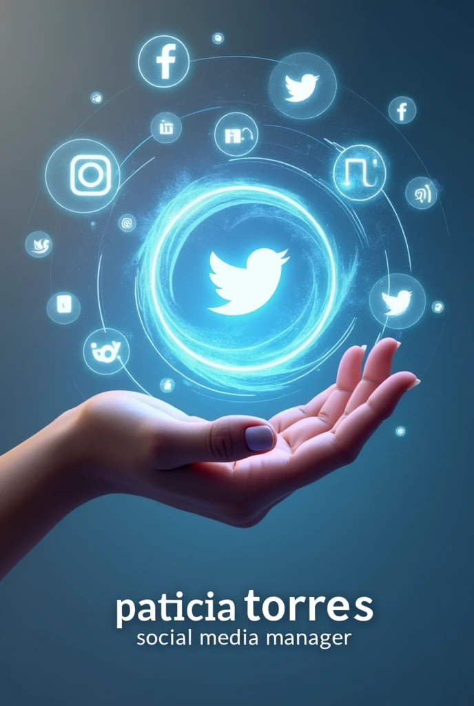 Create an image of a woman's hand and a whirlwind above it with large icons from the main social networks, in 3D and futuristic vision, under the hand in Minimalist letters "Patricia Torres Social Media Manager"