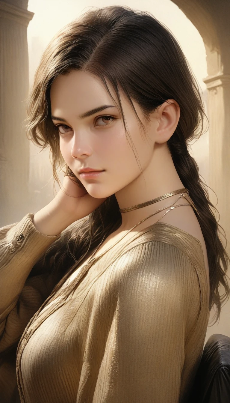 8k, Highest quality, masterpiece:1.2), (Realistic, photo-Realistic:1.37), Highest quality, masterpiece, Beautiful young woman, Pensive expression, Thoughtful expression, Elegant clothing, Tie your hair back, Messy mood, Movie Background, tired, Light skin tone