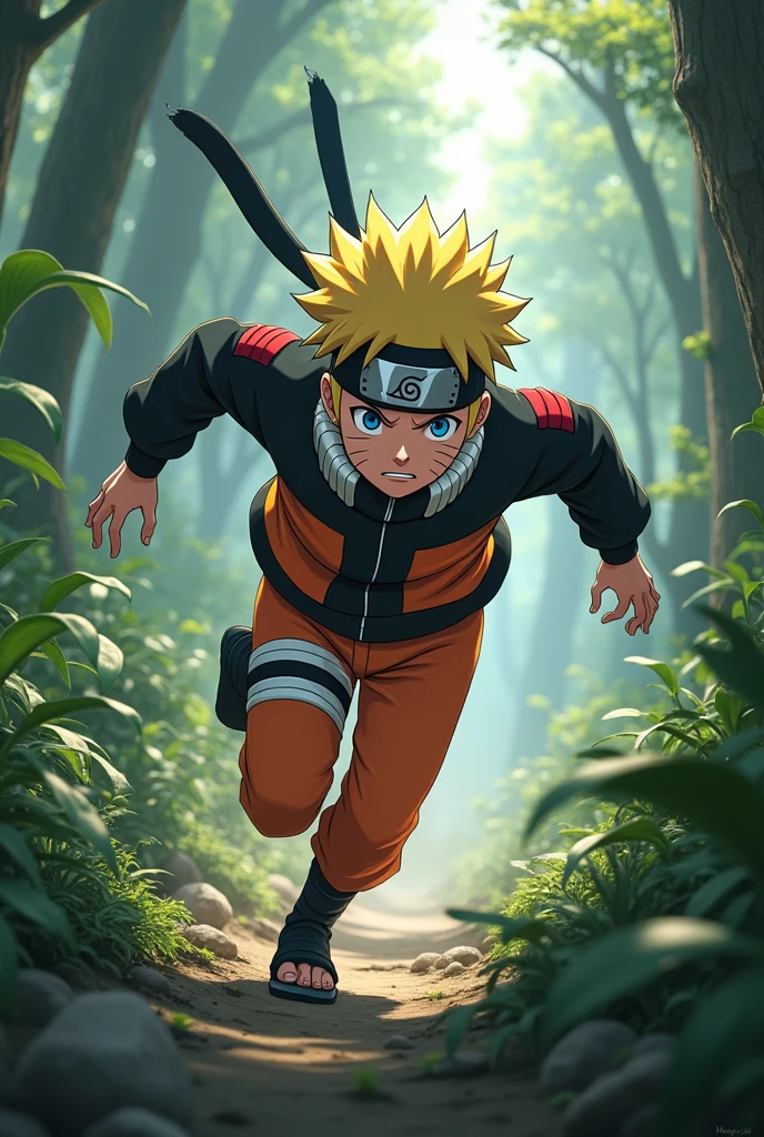 a ninja in a forest, naruto, uzumaki naruto, blonde hair, blue eyes, ninja outfit, running, dynamic pose, detailed face, detailed clothing, detailed background, intricate details, cinematic lighting, vibrant colors, digital art, concept art, highly detailed, 8k, photorealistic, masterpiece