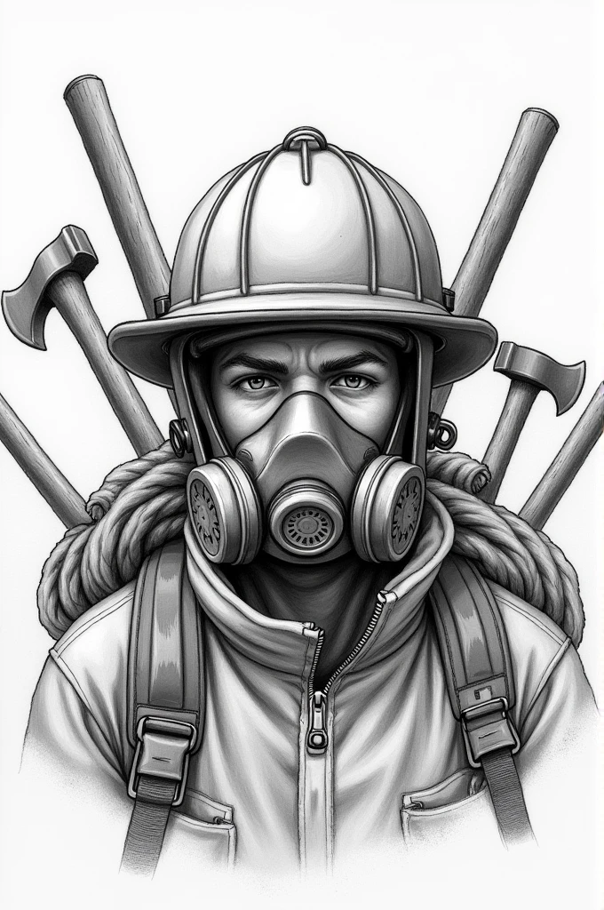 Firefighter head with respirator mask with axes and hoses behind in pencil style