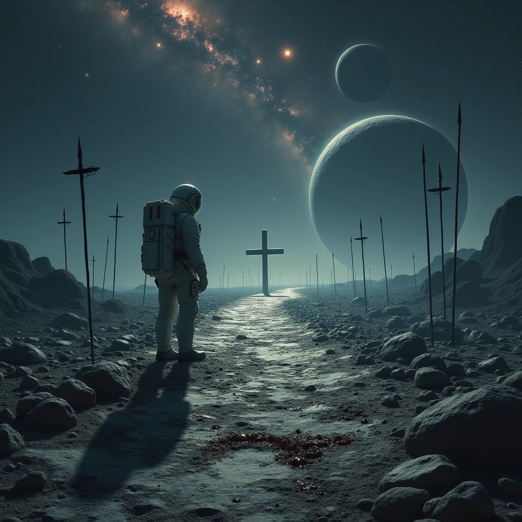 in outer space, stars , galaxies , planets , a rocky path with small drops of blood, spears stuck in the ground, a tunic thrown on the ground, A crown of thorns lying on the road and at the end of the road a cross , an astronaut 