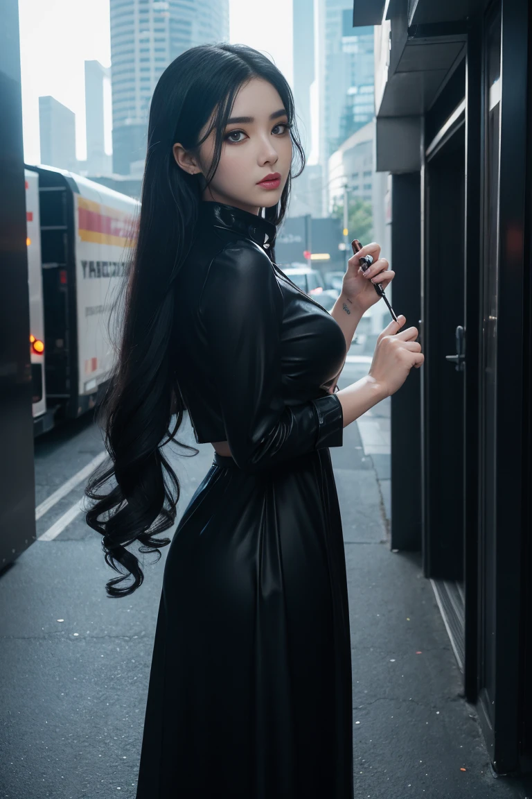 «Weyland-Yutani Corporation», The starship USCSS The Nostromo, Gothic woman full body, (long shot full body view:1.1), (Black Hair)、, background cyberpunk city, sexy ,beautiful American model in a Lolita dress with downy hair, American model with extremely colorful hair and detailed facial features, beautifUl、The makeup style is distinguished by well-defined eyebrows, expressive arrows, voluminous eyelashes and smoky eyes technique.