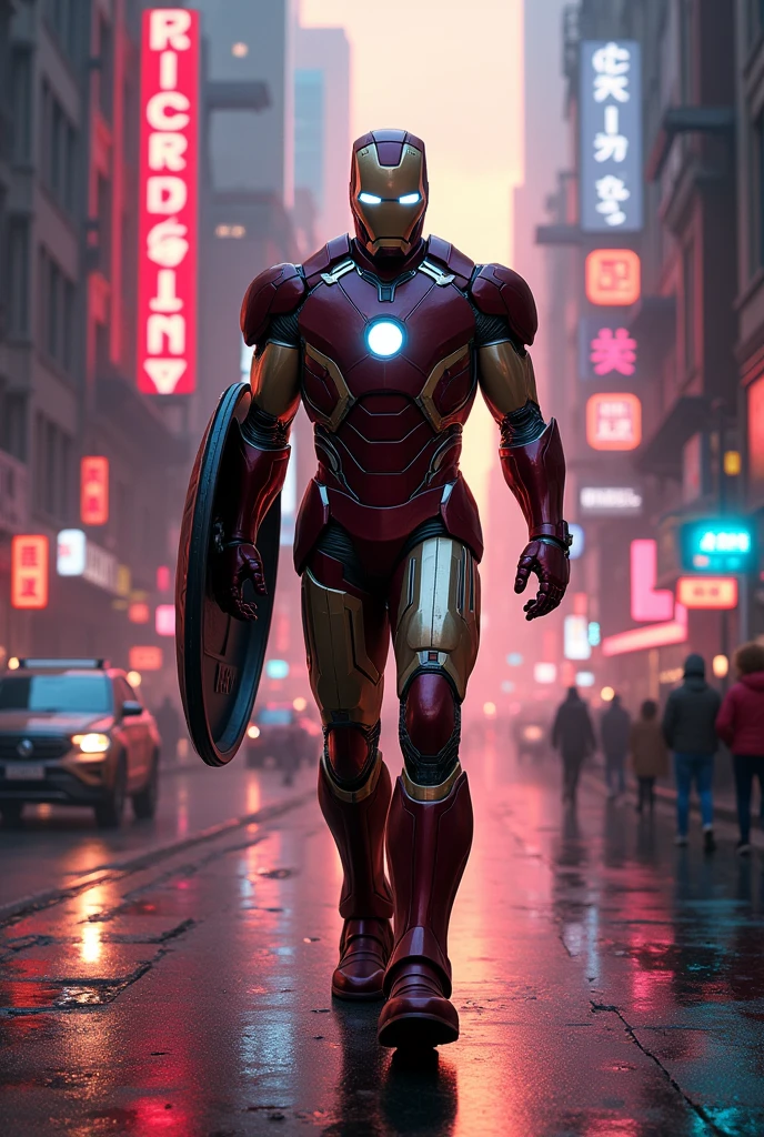 Iron man in cyberpunk scenery with neon lights peal and orange, Walking in the streets, Holding shield in hand
