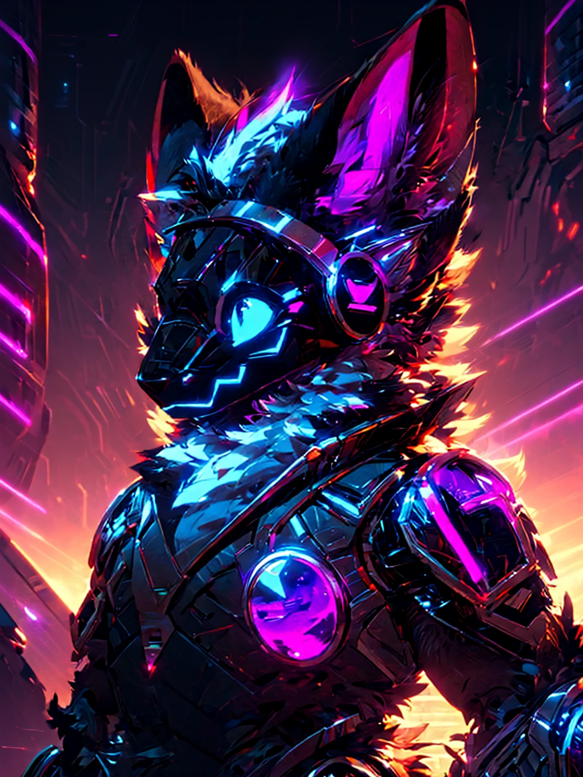 male character, Protogen, fluffy, orange fur, advanced technology, chrome light armor, Protogen modern black armor, I look at the landscape, city of the future, effeminate, dynamic lighting, purple neon, Purple Lights