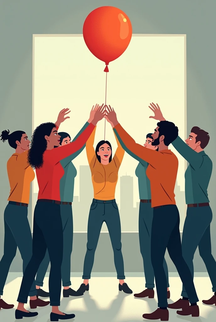 Active pause workers in a circle holding onto the forearm with a balloon without letting it fall