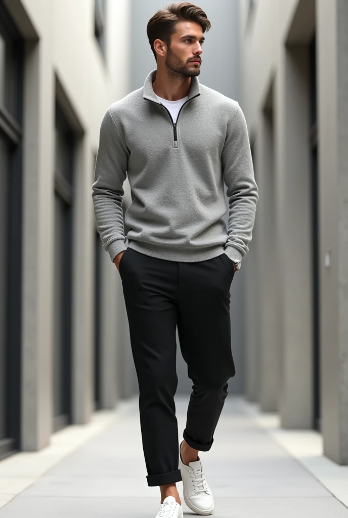 A man with grey quater zip t shirt with black linen trouser with white shoes