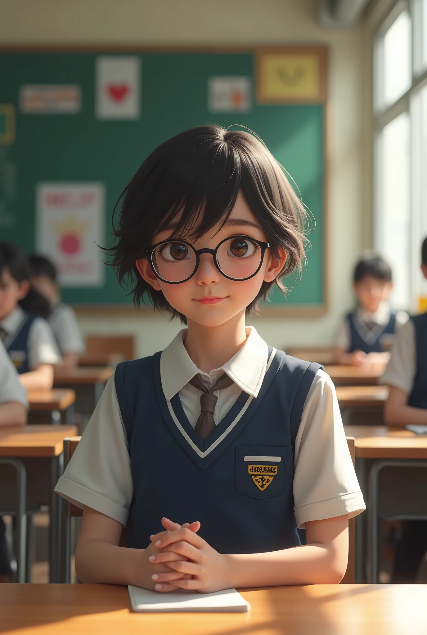 1 girl, 1, short curly hair, wearing school uniforms, wearing glasses, sit in the classroom, realistic photo
