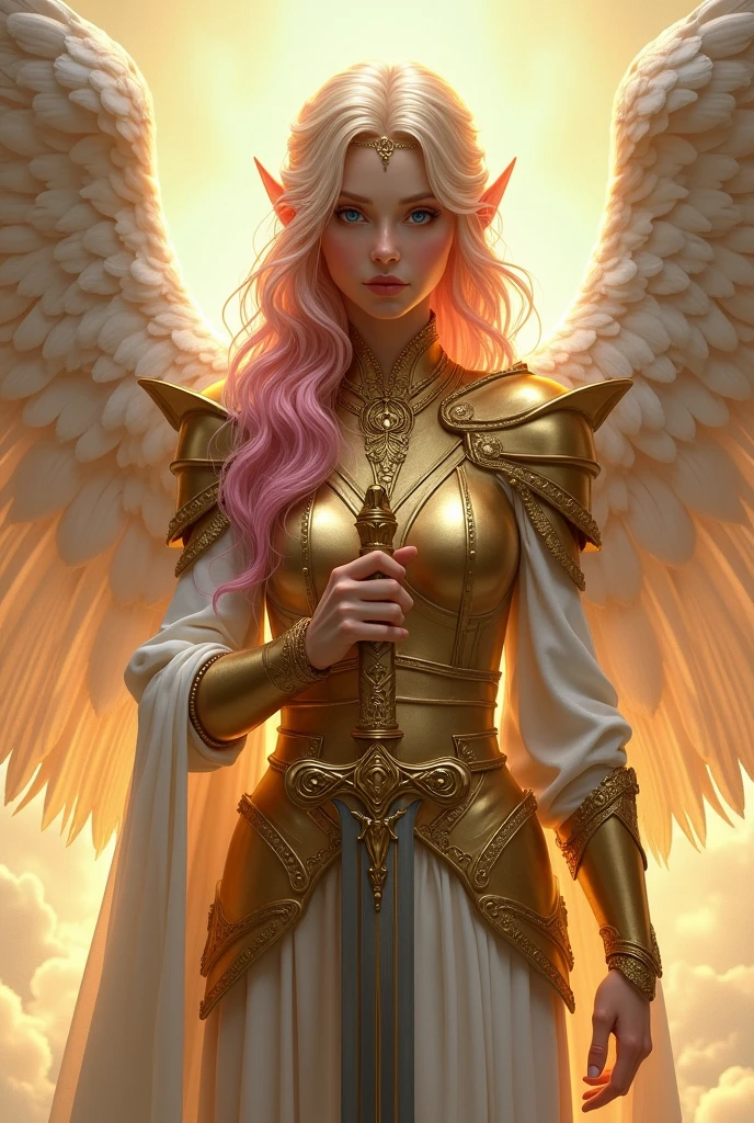 Female elf Paladin aasimar blond hair with pink highlights blue eyes with wings and golden crown armor and sword
