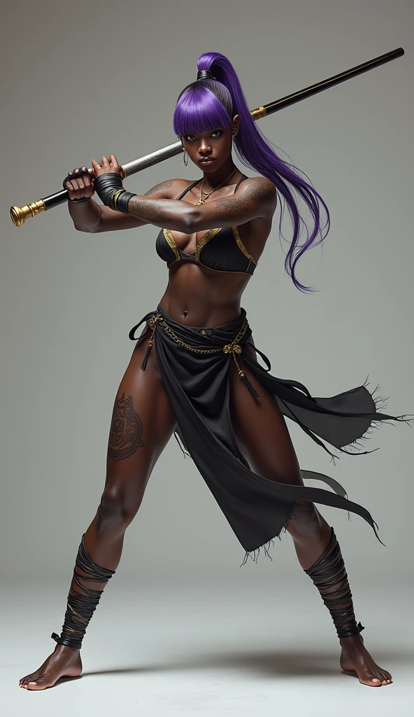 Super realistic, High Detail Face, Clean and delicate face, wide shot, 1 lady, whole body, Asymmetric, Fighting posture, Holding Long stick with both hands Anatomically correctly, Purple ponytail, parted bangs, black skin, Tattoo on arm, wearing a Black and gold mini Kung Fu costume, sleeveless, Thighs, Leather bandages wrapped around the shins, Black Sandals, glaring at the viewer, simple color background