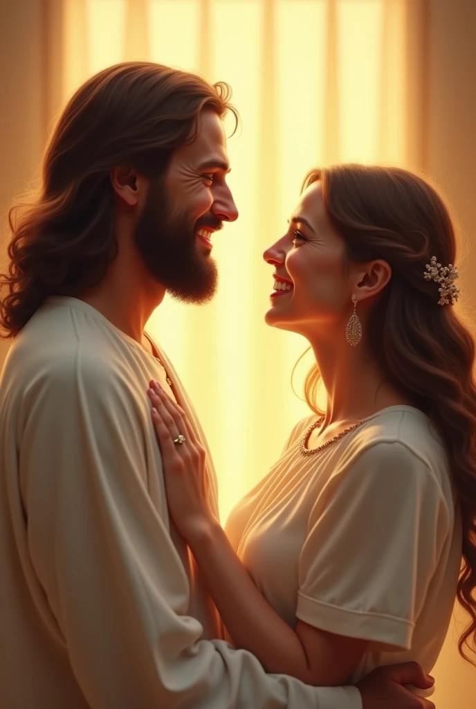 A husband and wife, deeply in love, share a joyful moment together as they watch Jesus. Their happiness is reflected in their smiles, and Jesus, in turn, smiles back at them.