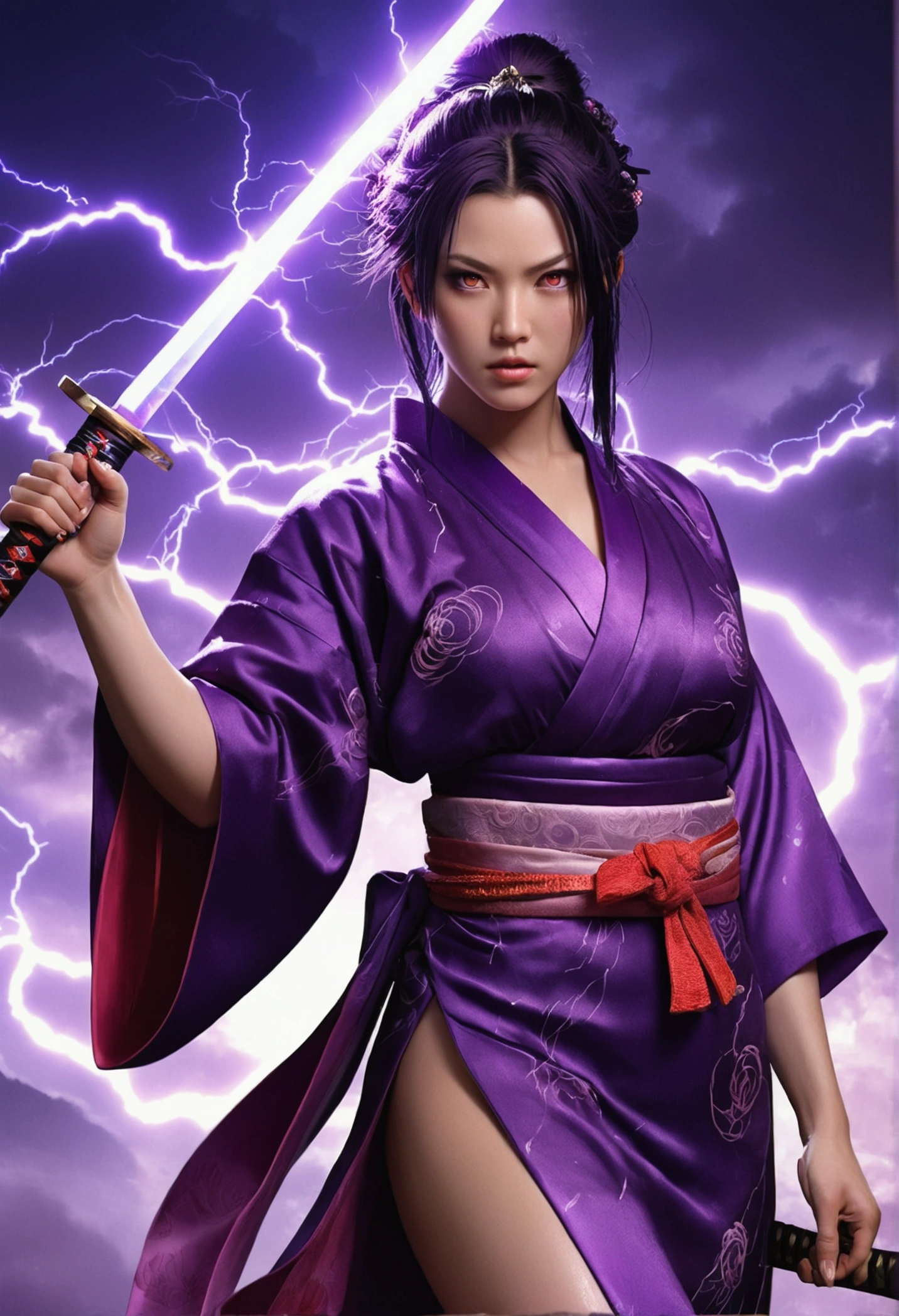 Realistic picture,Beautiful, sexy, big-breasted girl,Purple eyes with lightning symbols,dark purple hair,My hair is very long and wet with bright purple ends.,Purple kimono dress,She is a sexy warrior girl.,Wielding a katana,Has a slight lightning power.,Shogun's Palace
