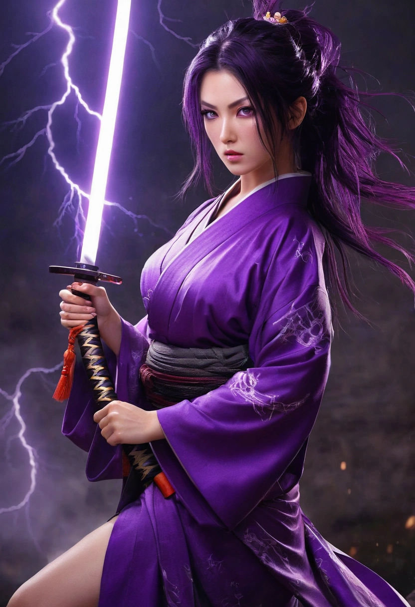 Realistic picture,Beautiful, sexy, big-breasted girl,Purple eyes with lightning symbols,dark purple hair,My hair is very long and wet with bright purple ends.,Purple kimono dress,She is a sexy warrior girl.,Wielding a katana,Has a slight lightning power.,Shogun&#39;s Palace