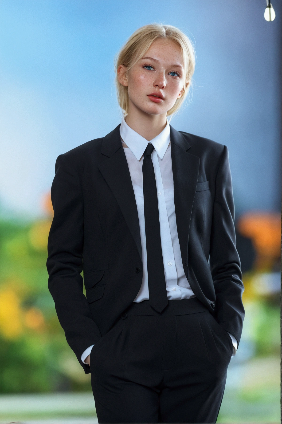 hyperrealistic, , Russian, blonde, green-grey eyes, transparente white skin, freckles on the cheeks, small lips, round nose, thin face. realistic, long legs,Wear a tiny bra, bare shoulders, sexy photo, photo from bihind