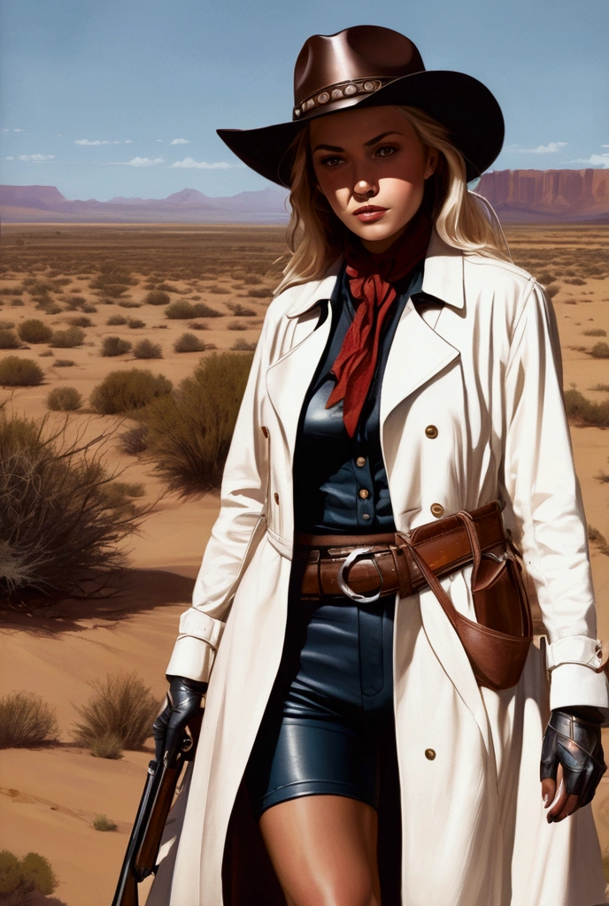 Hi quality film still, a lone gunslinger in a desert wasteland surrounded by four dead outlaws, woman, age 40, Jewish, beautiful, wide chin, white pupils, broad shoulders, long blonde hair, dirty white cowboy hat, a long trenchcoat, ribbon tightly wrapped around her chest, exposed midriff, tight shorts, fishnet stockings, bandolier and hunting rifle. drenched in blood, besides her is a roaring bear with a saddle on its back, the setting sun in the distance.