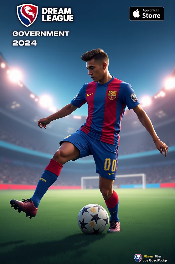 Create a YouTube thumbnail dream league soccer 2024 gameplay Dream League Government 2024 official logo will be on the left side and Apple Store official logo will be below it